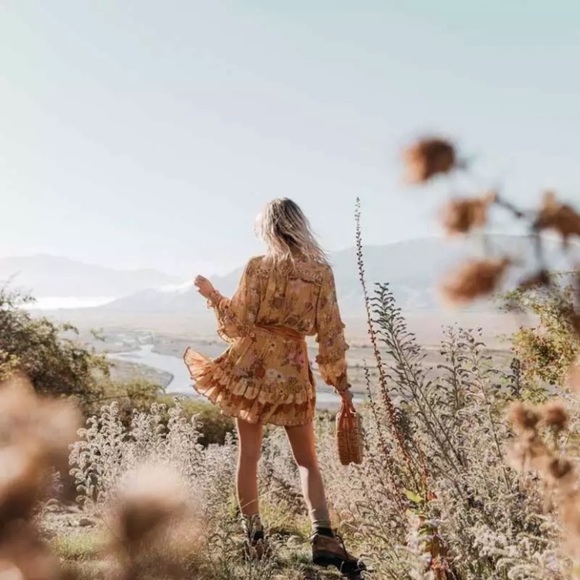 SOLD OUT Golden Floral Ruffle Fall Boho Long Sleeve Dress - Picture 6 of 12